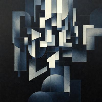 The primary subject of the image is a black and white artwork featuring a geometric pattern. The setting is a black background, which emphasizes the artwork's visual style. The artwork appears to be a digital illustration or a pattern, with a mix of blue and white colors. The overall atmosphere of the image is minimalistic and artistic.